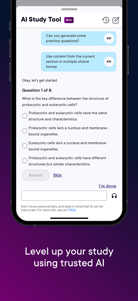 Pearson+ | Study Prep & eTexts - Herramienta de estudio de IA Pearson plus que genera preguntas de práctica de opción múltiple