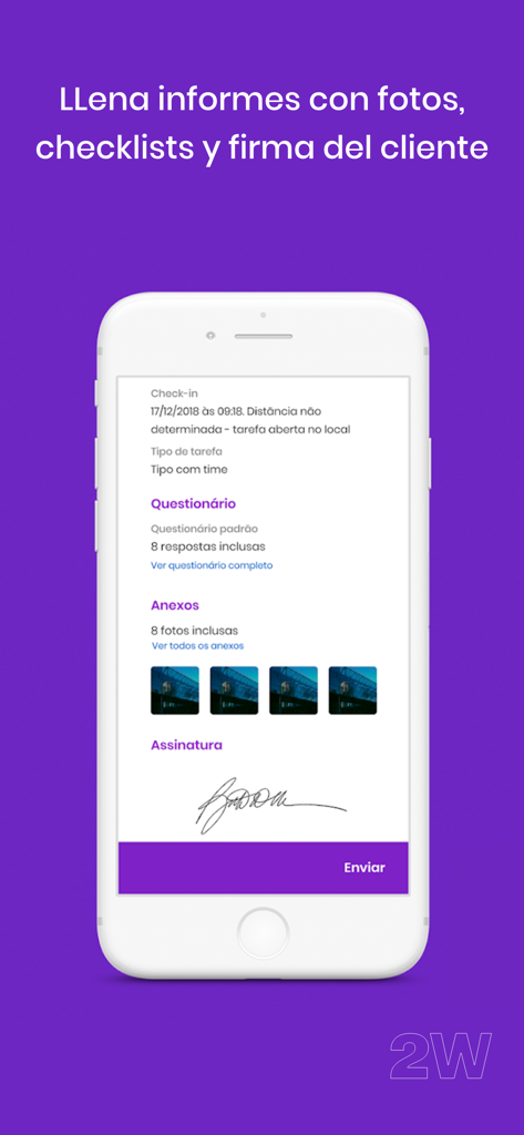 Un teléfono móvil mostrando la interfaz de la aplicación 2Workers para informes de servicio de campo con fotos y firma digital