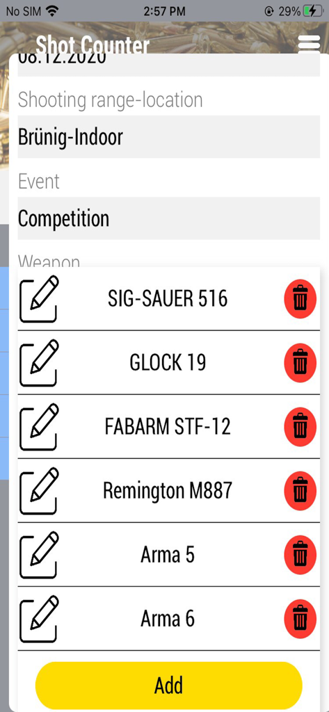 Una lista de armas de fuego dentro de la aplicación Shot Counter que incluye modelos SIG-SAUER y Glock para rastrear datos de tiro