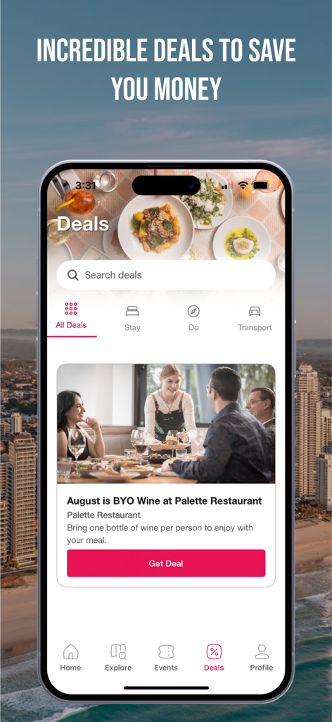 Experience Gold Coast - Experience Gold Coast app interface showing travel deals and restaurant discounts