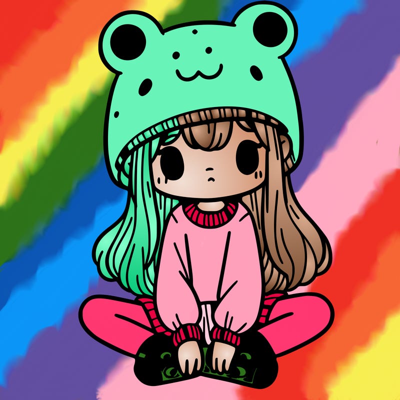 a girl wearing a frog hat and some frog socks