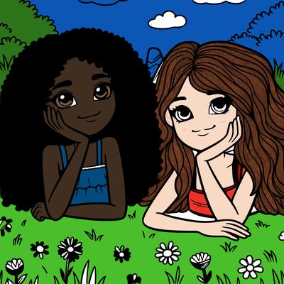 2 girls outside laying on the grass, one with long curly hair, one with short curly hair