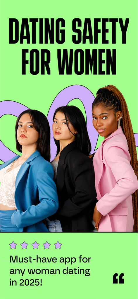 Three women in professional blazers standing together on a bright green background with the text Dating Safety for Women and a five star review