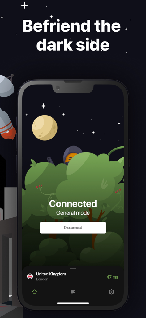AdGuard VPN interface showing a connected status in dark mode with a London server selection