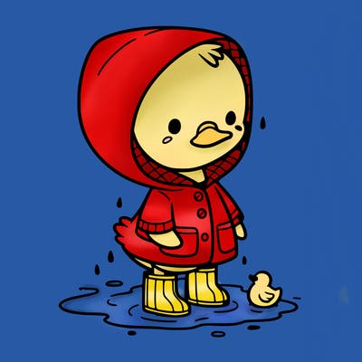 baby duck in a rain coat and boots, in a puddle while it’s raining