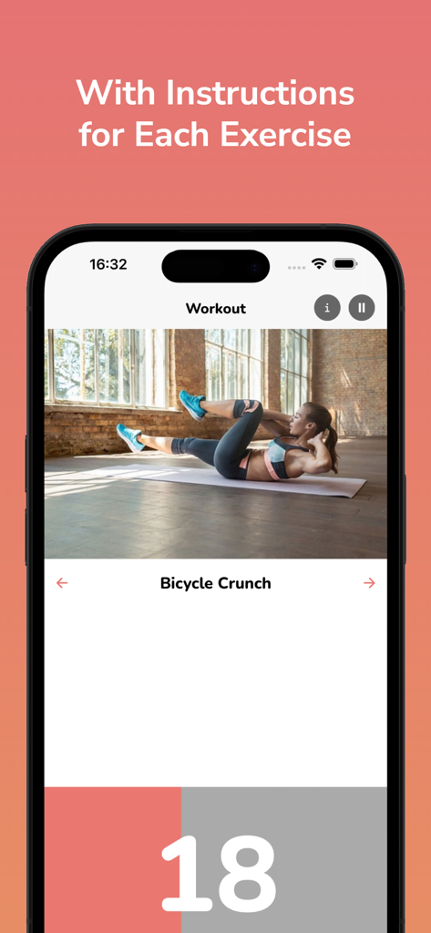 Hourglass Figure Challenge - Mobile app screen showing a woman performing a bicycle crunch with a countdown timer