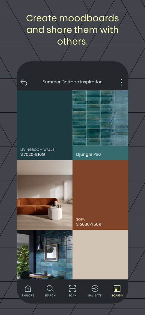 Interfaz de la aplicación NCS plus que muestra un mood board de diseño de interiores profesional con códigos de color y fotos de inspiración.