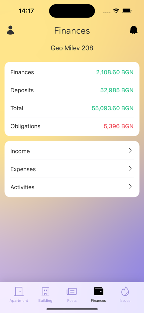 LIVO by Angry Building - Financial overview screen of the LIVO app showing building deposits and obligations