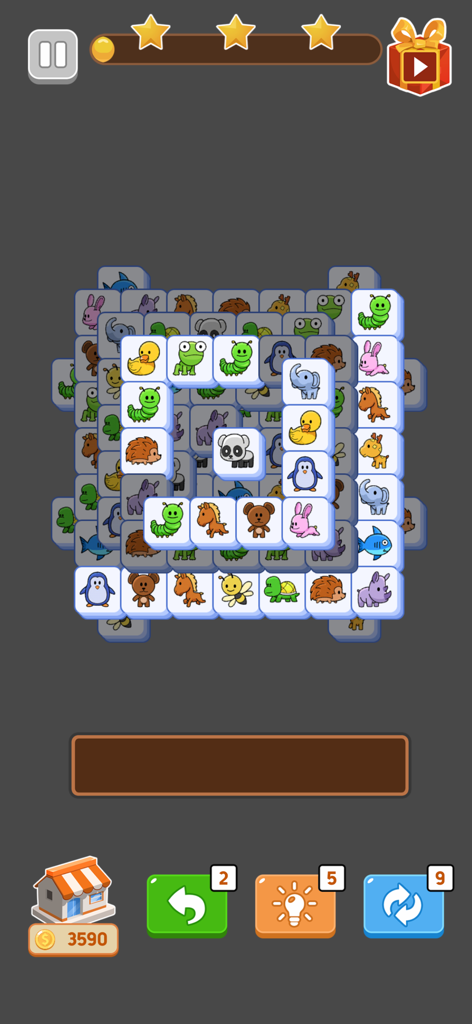 Triple Match : Tile Puzzle 3D - Triple Match puzzle game screen featuring colorful animal tiles and power-up buttons
