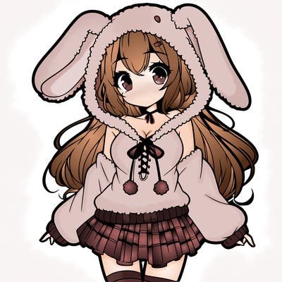 pretty anime girl wearing a fluffy hoodie with bunny ears on the hood and a skirt