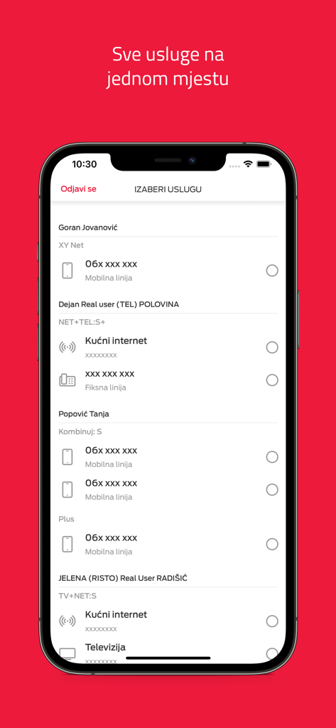 Mobile interface of Moj m tel app showing managed telecommunication services like internet and mobile lines