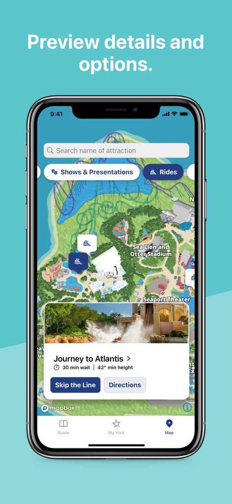 SeaWorld app interactive map showing attraction details and wait times