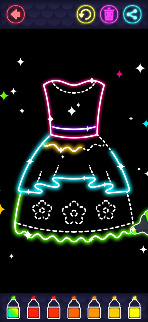 Neon glowing outline of a dress in a kids coloring game with colorful markers