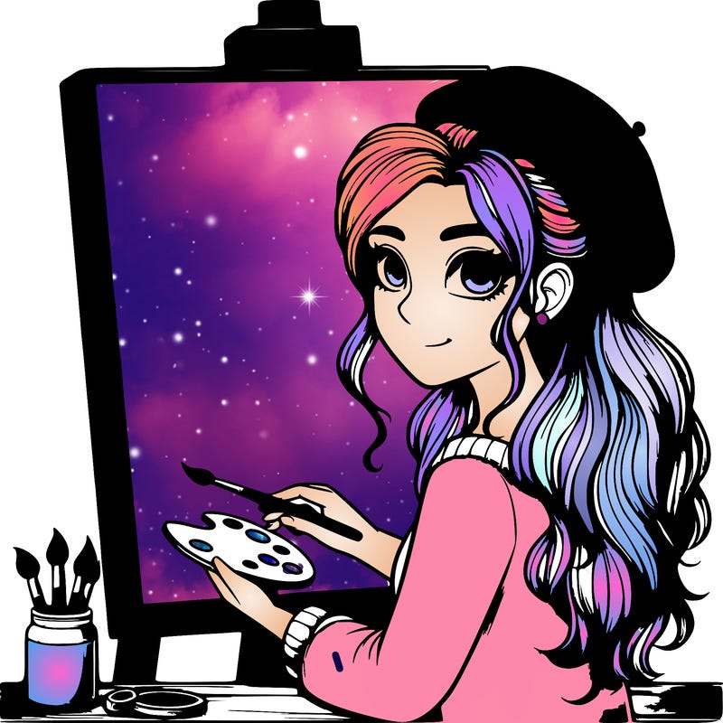 realistic girl artist painting a blank canvas