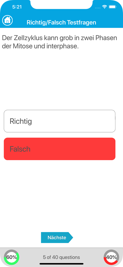 Das Biologie Quiz - Wahr-oder-falsch-Biologie-Quizfragebildschirm zum Zellzyklus auf Deutsch