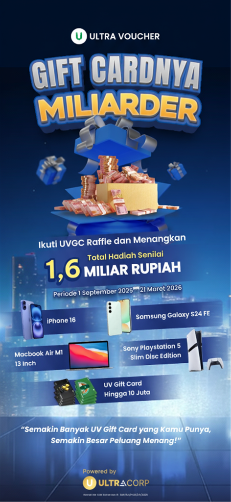 UltraVoucher: Diskon & UFood - Promotional banner for UltraVoucher raffle with prizes including iPhone 16 MacBook and PlayStation 5