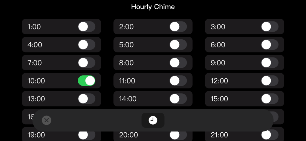 Flip clock - no ads - Écran de configuration de la sonnerie horaire avec une grille d'interrupteurs pour chaque heure en mode sombre.