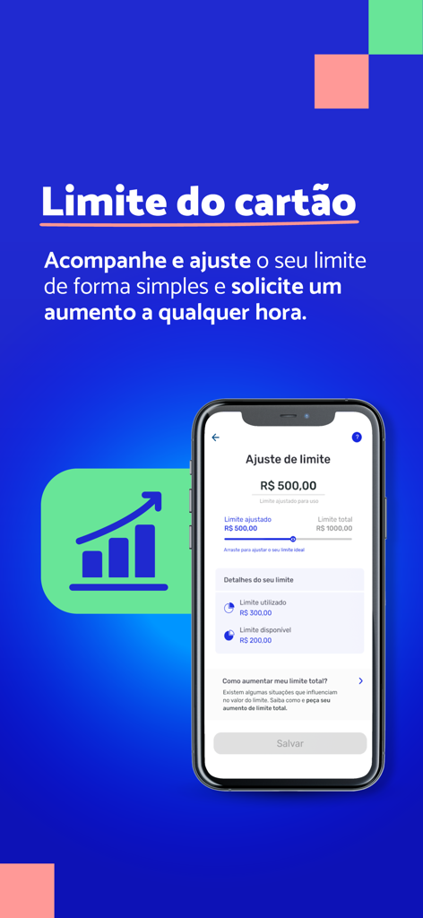 DM App: Conta, Crédito e Pix - DM App interface showing the credit card limit adjustment screen with a slider to increase the available credit.