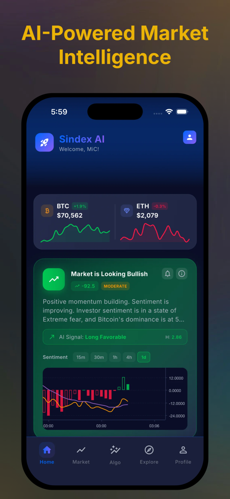 Sindex AI: Crypto Signal Alert - Écran d'accueil de l'application mobile Sindex AI montrant les prix du Bitcoin et de l'Ethereum avec des signaux de sentiment de marché haussiers alimentés par l'IA