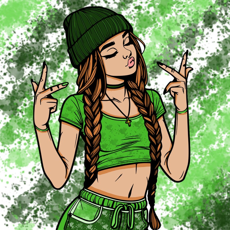 realistic teenage girl with braids and a beanie and crop top doing 🫶🏼