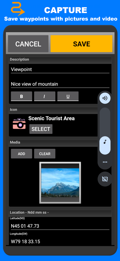 PathAway Outdoor Navigation - PathAway app interface showing the capture screen for saving a waypoint with a description photo and GPS coordinates