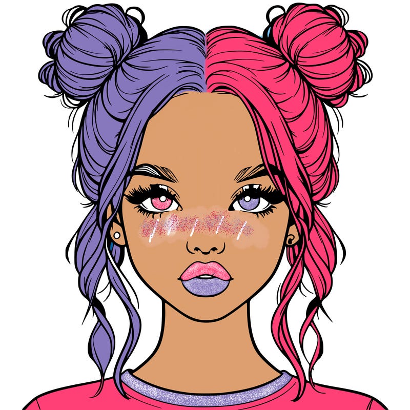 realistic girl with two buns in hair and lips