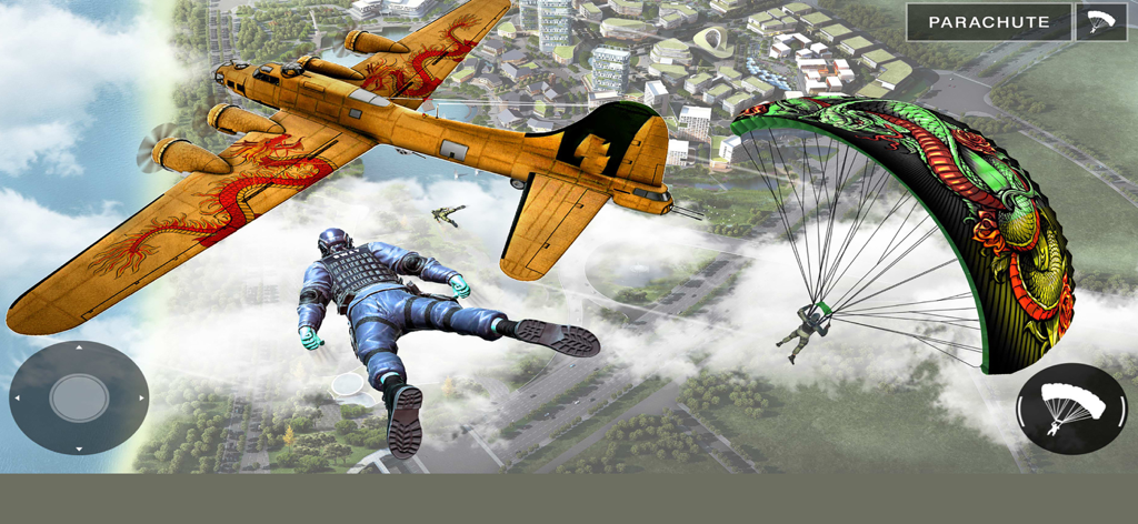 Modern Ops : Fps Games - Tactical soldiers skydiving from a yellow dragon themed airplane over a city in Modern Ops Fps Games