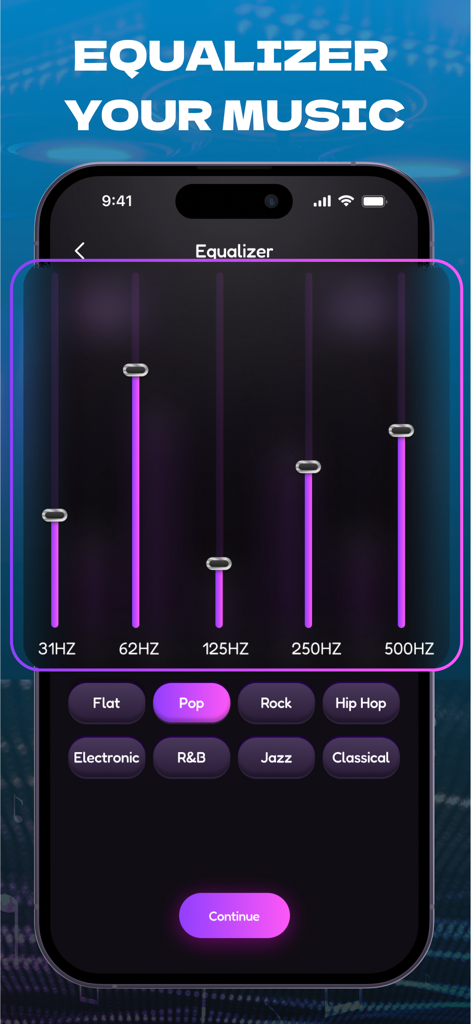 Louder Music: Ai Boom Booster - Smartphone screen showing an equalizer with purple sliders and music genre presets like Pop and Hip Hop.