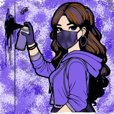 realistic girl with mask spray painting a wall