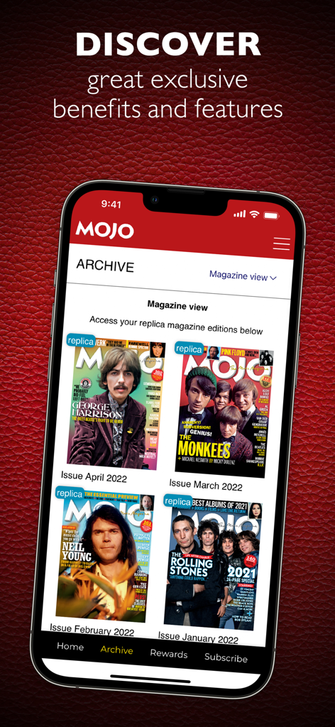 MOJO app archive screen displaying magazine covers of George Harrison Neil Young and the Rolling Stones