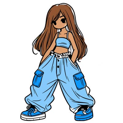 girl in baggy pants, crop top, and long hair