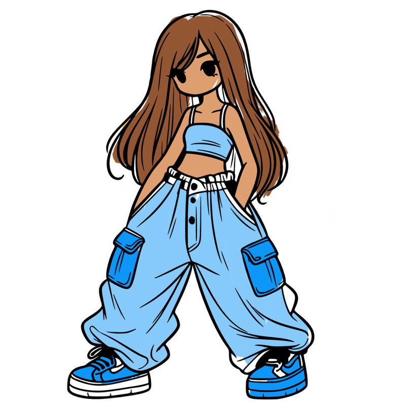girl in baggy pants, crop top, and long hair