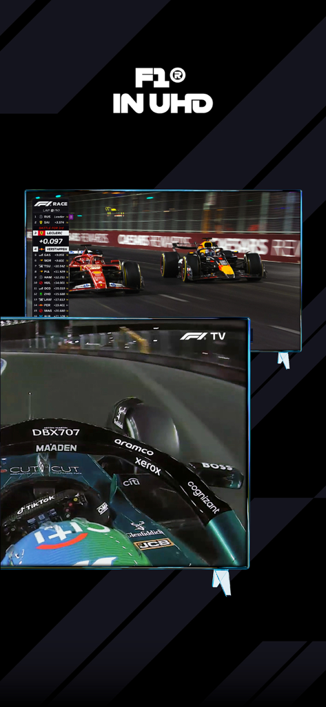F1 TV - Two screens showing F1 TV in Ultra HD featuring live race action and an onboard driver camera view