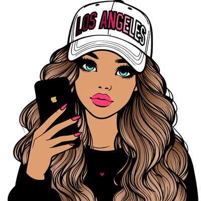 realistic beautiful girl wearing los ángeles cap holding an iphone