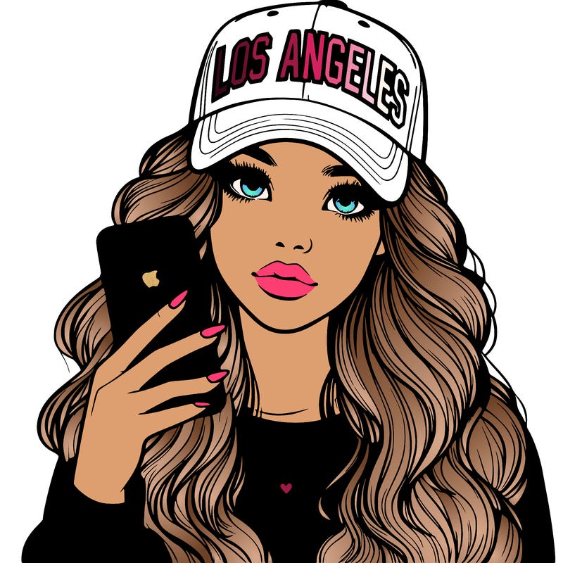 realistic beautiful girl wearing los ángeles cap holding an iphone