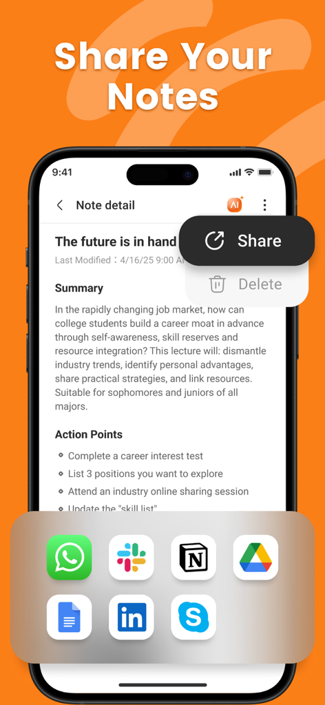 Note AI: Voice AI Transcribe - Pantalla de la aplicación Note AI que muestra un resumen y puntos de acción con un menú para compartir en Slack, Notion y LinkedIn