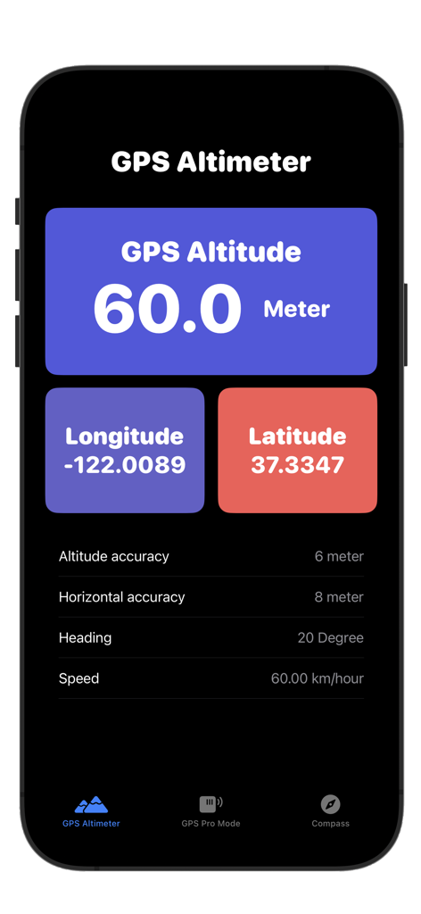 GPS 高度计 - GPS Altimeter app interface displaying altitude longitude latitude and accuracy data with high contrast design