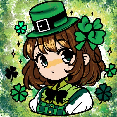 a manga-style girl with clovers around her, a little hat in her hair, like it's saint patrick's day