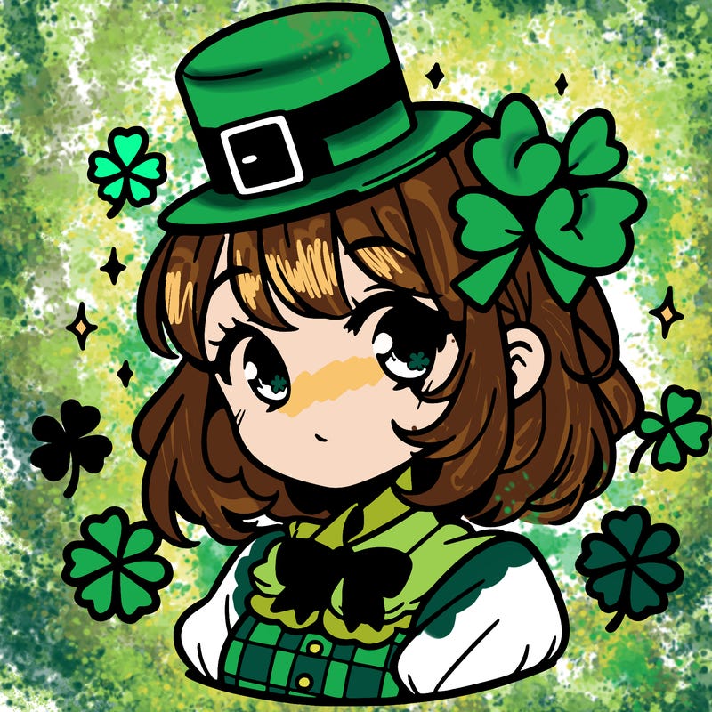 a manga-style girl with clovers around her, a little hat in her hair, like it's saint patrick's day