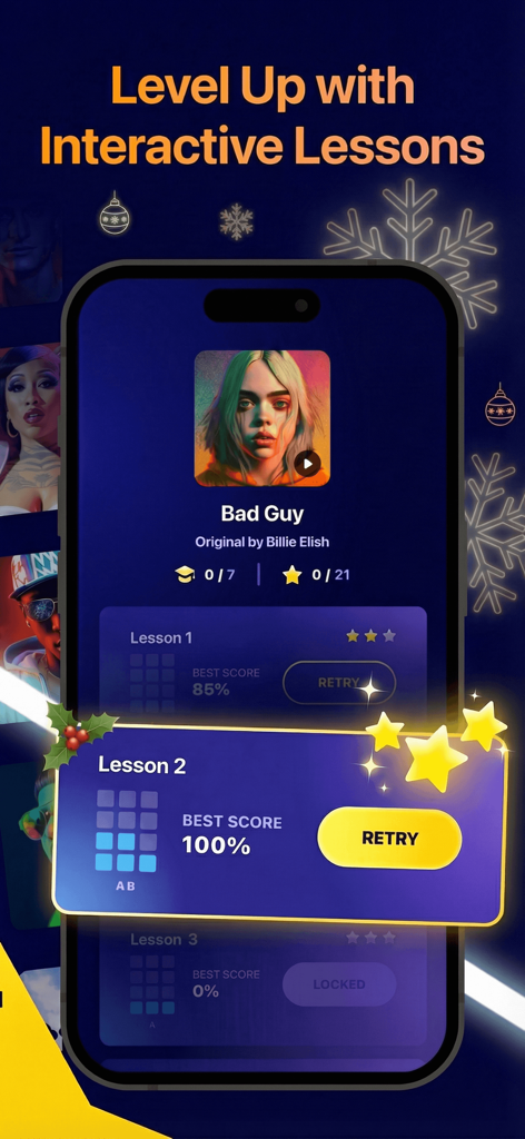 Interface of the Beat Maker Pro app showing interactive music lessons for popular songs like Bad Guy by Billie Eilish with progress tracking