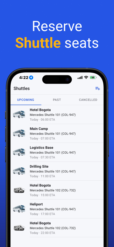 Interface of the OneMobile Passenger app showing upcoming shuttle bus schedules for corporate travel.