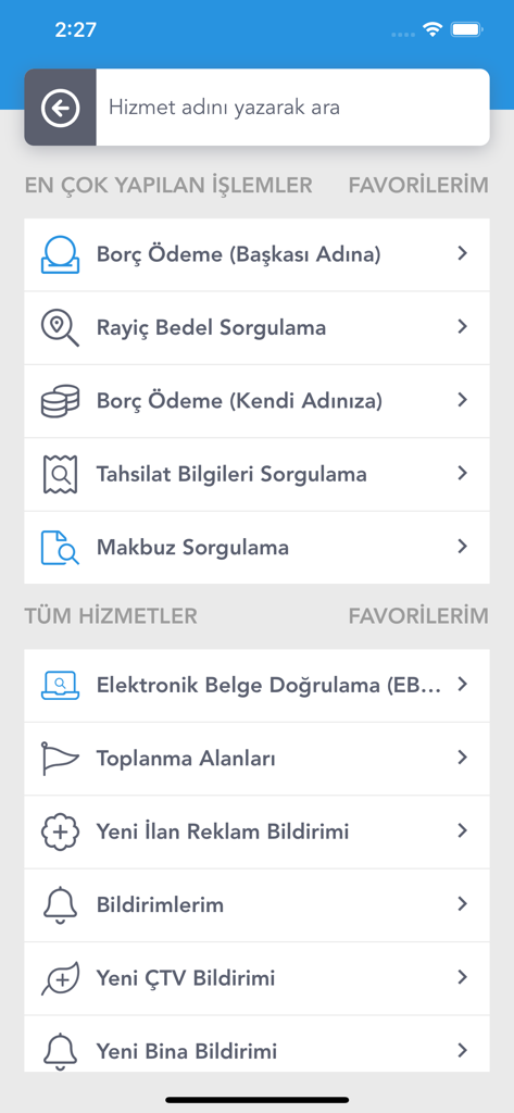 Bağcılar Belediyesi Mobil - Lista de serviços digitais no aplicativo móvel do Município de Bagcilar, incluindo pagamento de dívidas e consulta de imóveis