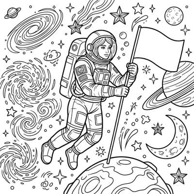 Dive into the vastness of space with this captivating coloring page featuring a pioneering female astronaut. Explore a universe filled with stars, planets, and galaxies waiting for your creative touch.