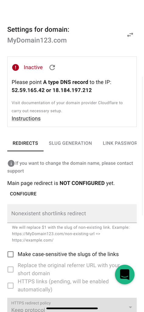 Short.io - Short.io mobile app interface showing domain settings, DNS configuration alerts, and link redirect options for a branded domain.