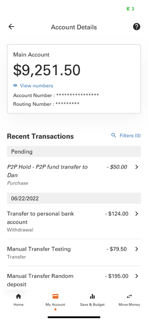 Pantalla de la app Money Network que muestra el saldo principal de la cuenta y una lista de transacciones recientes