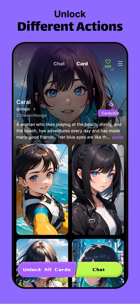 A mobile app interface for Magic Fantasy Roleplay Chat showing a character named Caral with various anime-style images to unlock.