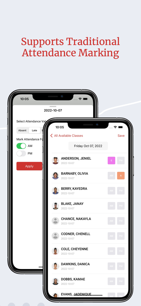 Interfaz para rastrear y marcar la asistencia del estudiante en la aplicación COMSOL MySchool