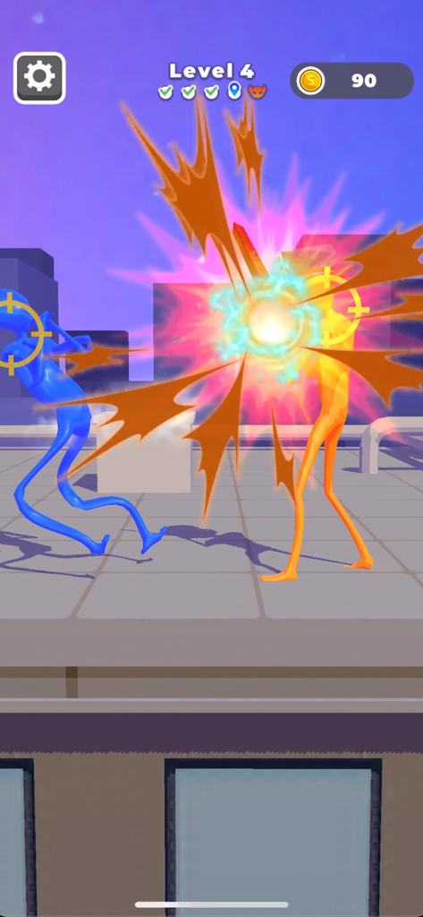 Two stretchy characters battling on a rooftop in the mobile game Gum Gum Battle