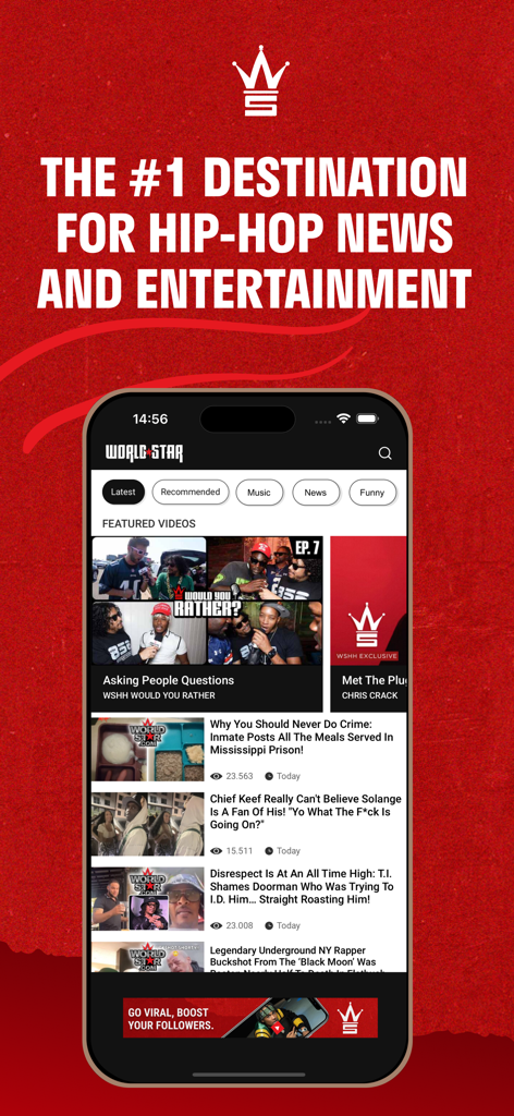 Worldstar HipHop app home screen featuring trending hip-hop news and viral videos.