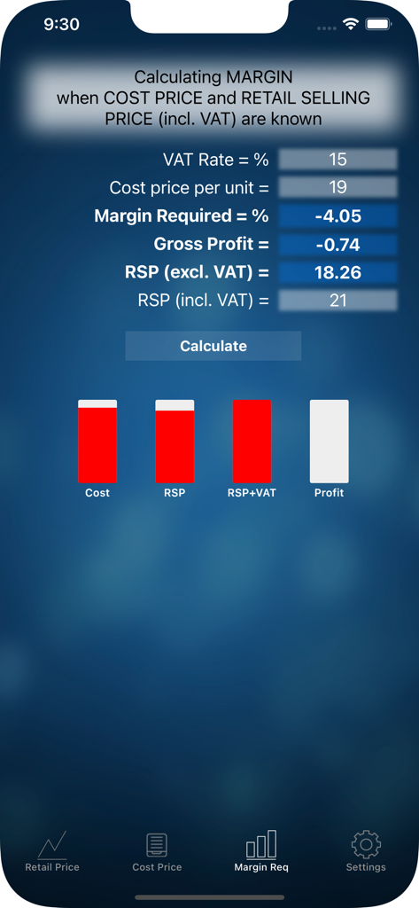 Margenberechnung auf dem Bildschirm mit Angabe von MwSt.-Satz, Kostenpreis pro Einheit und Bruttogewinnergebnissen mit visuellen Balkendiagrammen